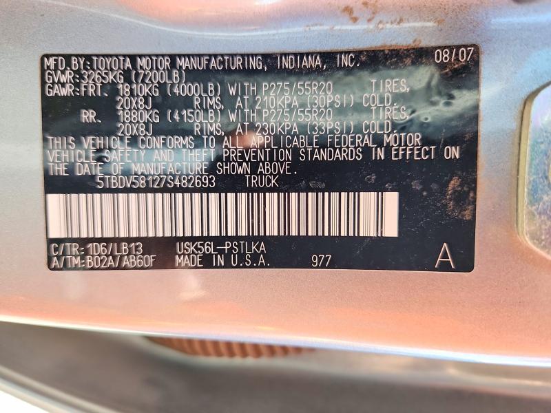 52204166 :رقم المزاد ، 5TBDV58127S482693 vin ، 2007 Toyota Tundra مزاد بيع