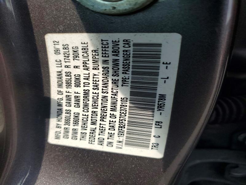 53950776 :رقم المزاد ، 19XFB2F57CE378105 vin ، 2012 Honda Civic مزاد بيع