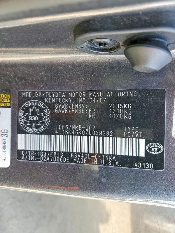 Продажа на аукционе авто 2007 Toyota Camry, vin: 4T1BK46K07U039382, номер лота: 55238606