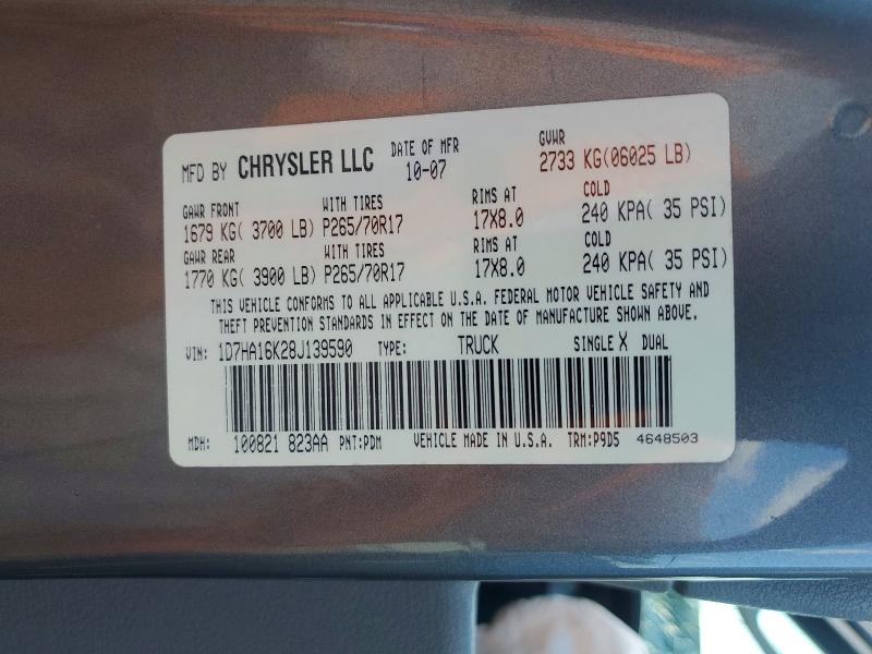 53381876 :رقم المزاد ، 1D7HA16K28J139590 vin ، 2008 Dodge Ram 1500 مزاد بيع