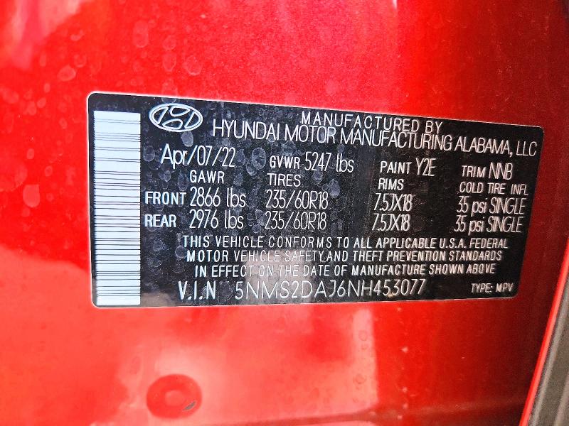 53666616 :رقم المزاد ، 5NMS2DAJ6NH453077 vin ، 2022 Hyundai Santa Fe مزاد بيع