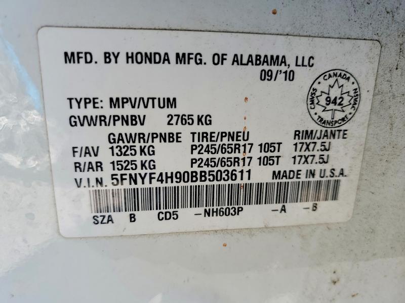 Продажа на аукционе авто 2011 Honda Pilot, vin: 5FNYF4H90BB503611, номер лота: 49992986