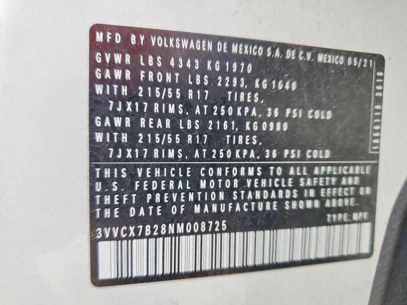 Aukcja sprzedaży 2022 Volkswagen Taos, vin: 3VVCX7B28NM008725, numer aukcji: 52035486