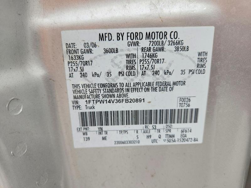 2006 Ford F150 მანქანა იყიდება აუქციონზე, vin: 1FTPW14V36FB20891, აუქციონის ნომერი: 53659146