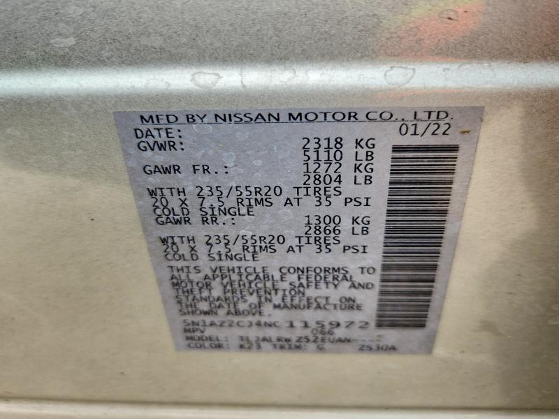 2022 Nissan Murano მანქანა იყიდება აუქციონზე, vin: 5N1AZ2CJ4NC115972, აუქციონის ნომერი: 55325076