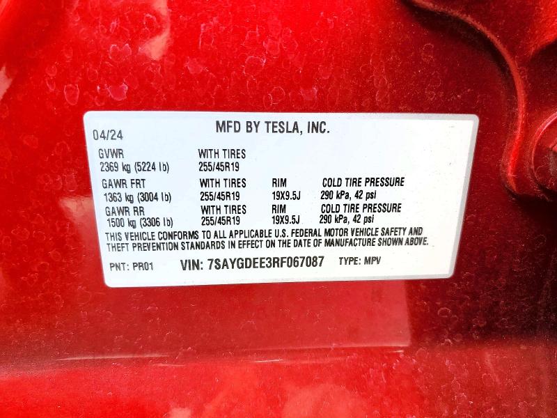 2024 Tesla Model Y მანქანა იყიდება აუქციონზე, vin: 7SAYGDEE3RF067087, აუქციონის ნომერი: 51497106