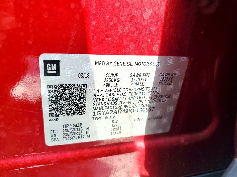 54397526 :رقم المزاد ، 1GYAZAR49KF100937 vin ، 2019 Cadillac Xt4 مزاد بيع