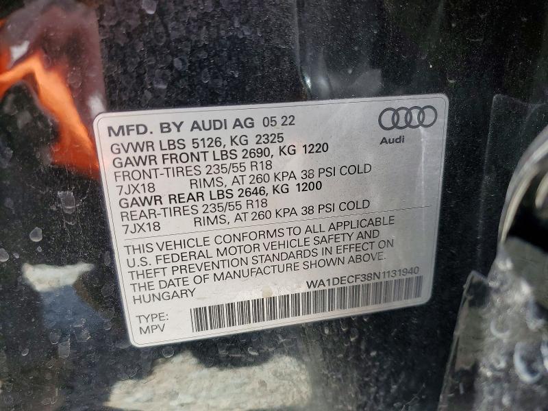 55213246 :رقم المزاد ، WA1DECF38N1131940 vin ، 2022 Audi Q3 مزاد بيع