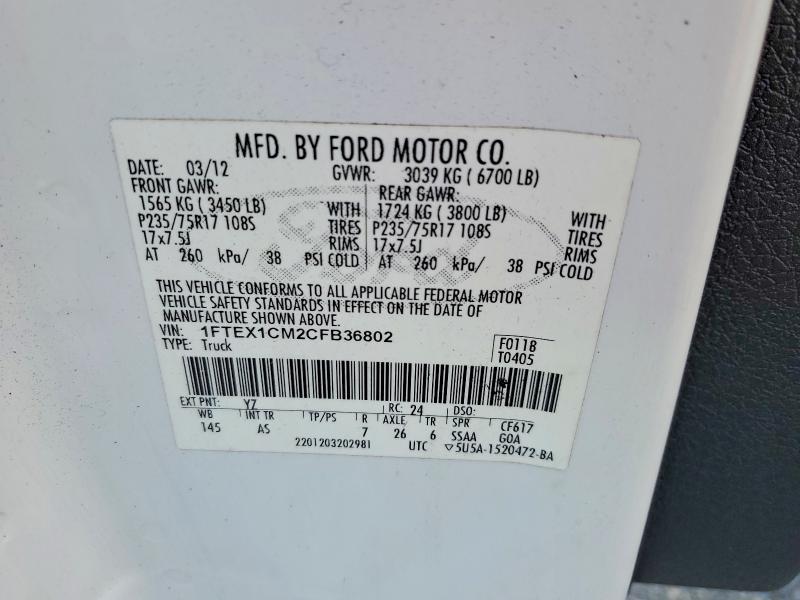 Aukcja sprzedaży 2012 Ford F150, vin: 1FTEX1CM2CFB36802, numer aukcji: 55222376