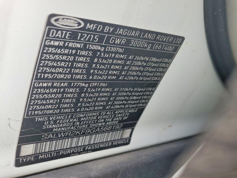 Aukcja sprzedaży 2016 Land Rover Range Rover Sport, vin: SALWR2KF9GA568192, numer aukcji: 54711416