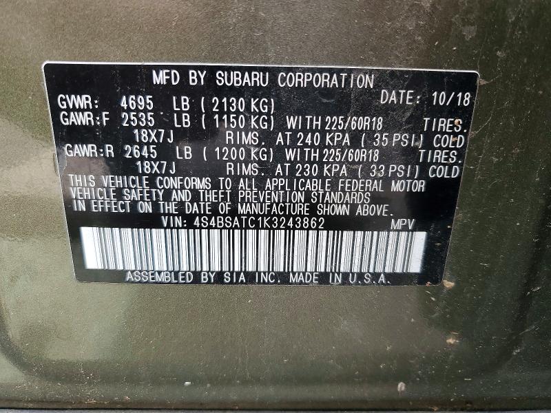 52103656 :رقم المزاد ، 4S4BSATC1K3243862 vin ، 2019 Subaru Outback مزاد بيع