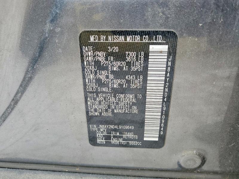 2020 Nissan Armada მანქანა იყიდება აუქციონზე, vin: JN8AY2ND4L9109649, აუქციონის ნომერი: 52666426