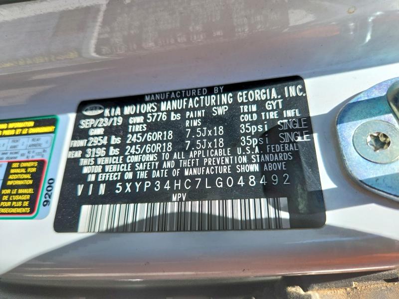 52369996 :رقم المزاد ، 5XYP34HC7LG048492 vin ، 2020 Kia Telluride مزاد بيع