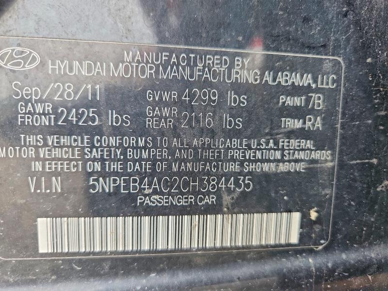 Aukcja sprzedaży 2012 Hyundai Sonata, vin: 5NPEB4AC2CH384435, numer aukcji: 52926036