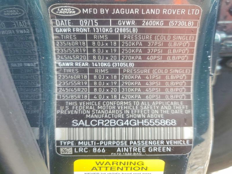 Aukcja sprzedaży 2016 Land Rover Discovery Sport, vin: SALCR2BG4GH555868, numer aukcji: 52123186