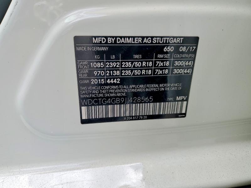 Aukcja sprzedaży 2018 Mercedes-benz Gla, vin: WDCTG4GB9JJ428565, numer aukcji: 52427566