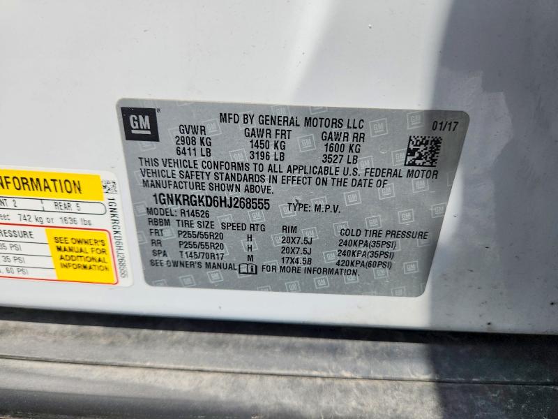 Aukcja sprzedaży 2017 Chevrolet Traverse, vin: 1GNKRGKD6HJ268555, numer aukcji: 54151566