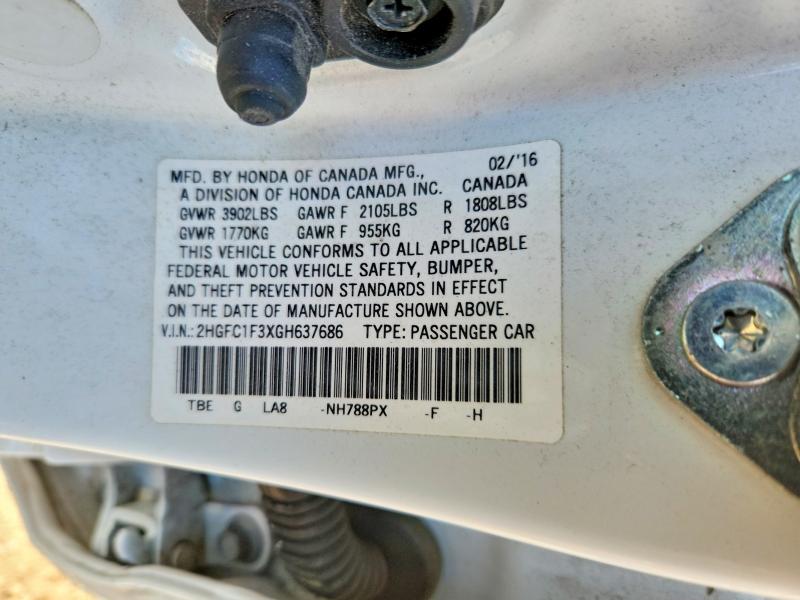Продаж на аукціоні авто 2016 Honda Civic, vin: 2HGFC1F3XGH637686, номер лоту: 53940196