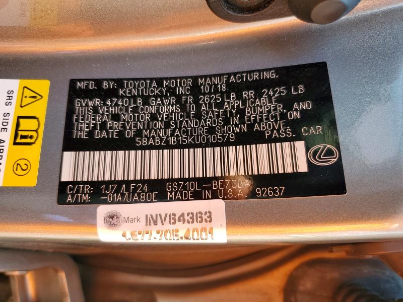 Aukcja sprzedaży 2019 Lexus Es, vin: 58ABZ1B15KU010579, numer aukcji: 53840226