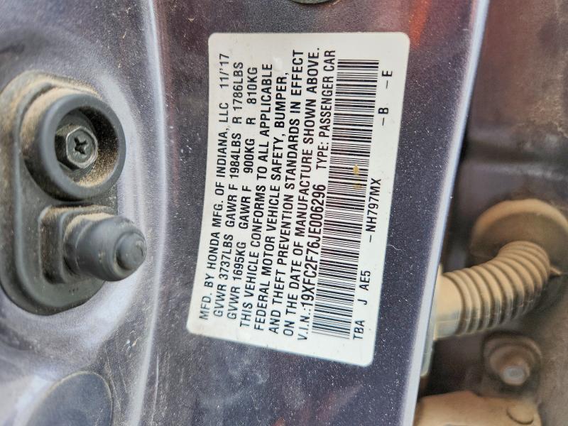 Aukcja sprzedaży 2018 Honda Civic, vin: 19XFC2F76JE006296, numer aukcji: 54403186