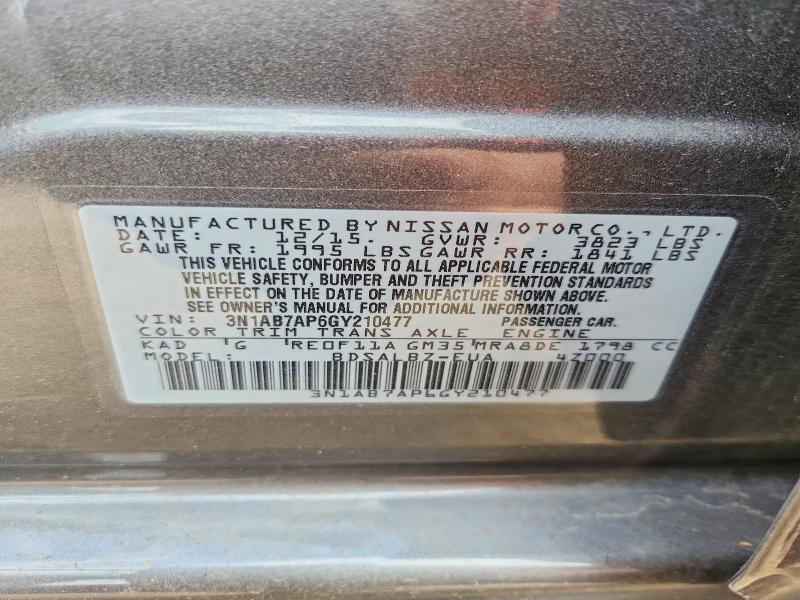 2016 Nissan Sentra მანქანა იყიდება აუქციონზე, vin: 3N1AB7AP6GY210477, აუქციონის ნომერი: 54059996
