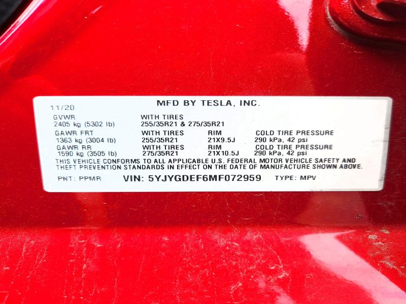 2021 Tesla Model Y მანქანა იყიდება აუქციონზე, vin: 5YJYGDEF6MF072959, აუქციონის ნომერი: 53894816