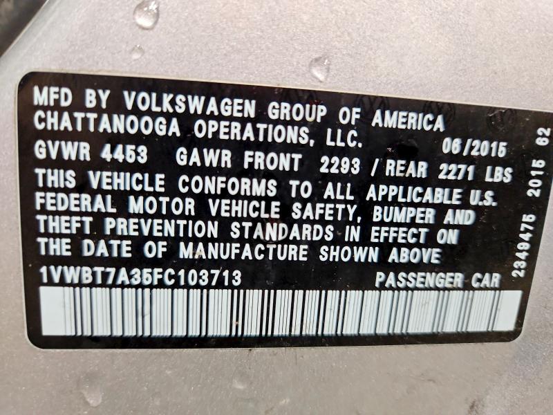 Продаж на аукціоні авто 2015 Volkswagen Passat, vin: 1VWBT7A35FC103713, номер лоту: 54819646