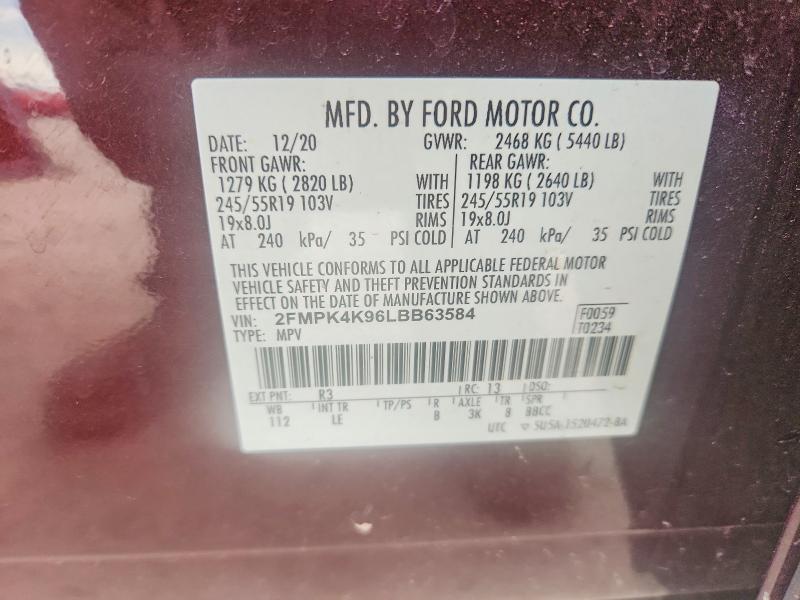 53432906 :رقم المزاد ، 2FMPK4K96LBB63584 vin ، 2020 Ford Edge مزاد بيع