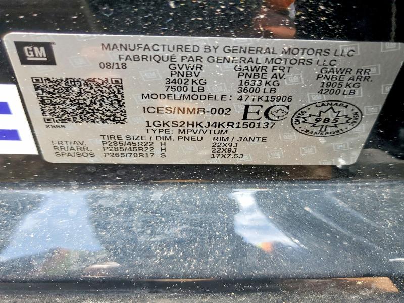 54323866 :رقم المزاد ، 1GKS2HKJ4KR150137 vin ، 2019 Gmc Yukon Xl مزاد بيع