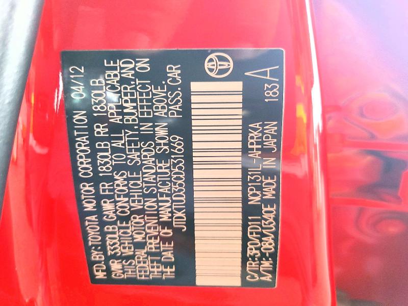 53652406 :رقم المزاد ، JTDKTUD35CD531669 vin ، 2012 Toyota Yaris مزاد بيع