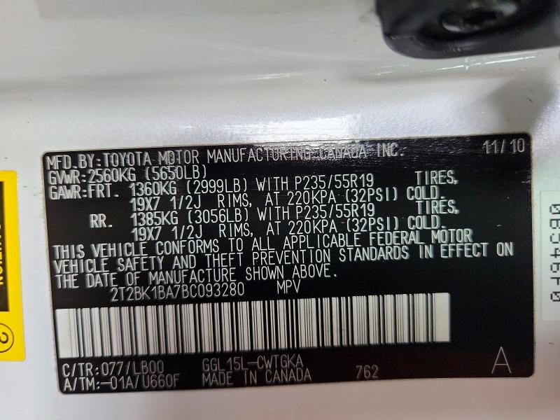 Aukcja sprzedaży 2011 Lexus Rx, vin: 2T2BK1BA7BC093280, numer aukcji: 52527906