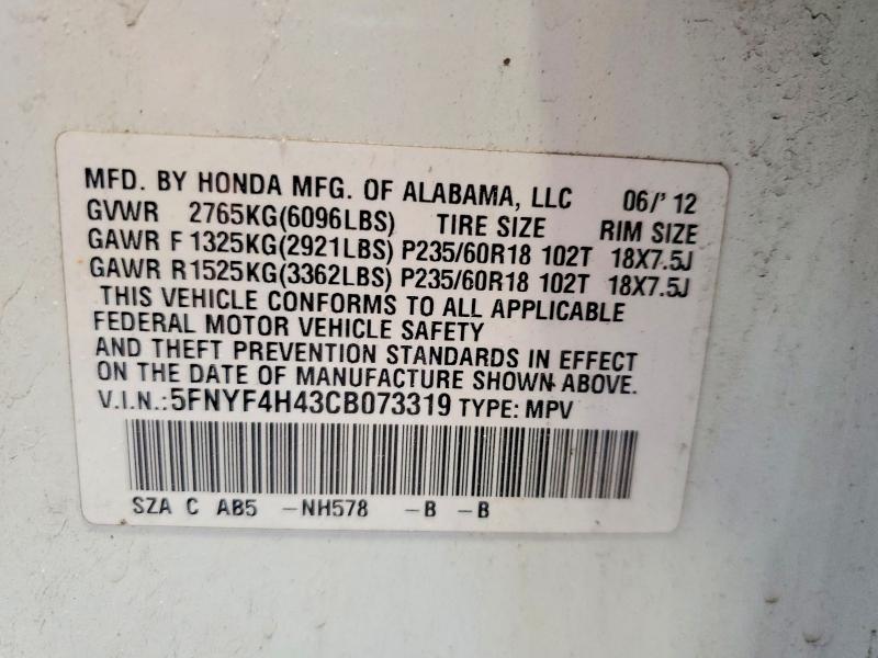 Продажа на аукционе авто 2012 Honda Pilot, vin: 5FNYF4H43CB073319, номер лота: 55050716