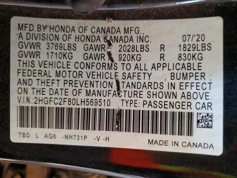 Продажа на аукционе авто 2020 Honda Civic, vin: 2HGFC2F80LH569510, номер лота: 52359936