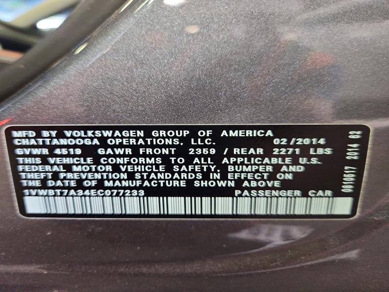 54181506 :رقم المزاد ، 1VWBT7A34EC077233 vin ، 2014 Volkswagen Passat مزاد بيع