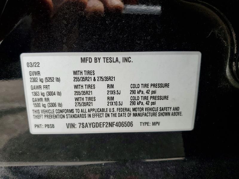 2022 Tesla Model Y მანქანა იყიდება აუქციონზე, vin: 7SAYGDEF2NF406506, აუქციონის ნომერი: 53465356