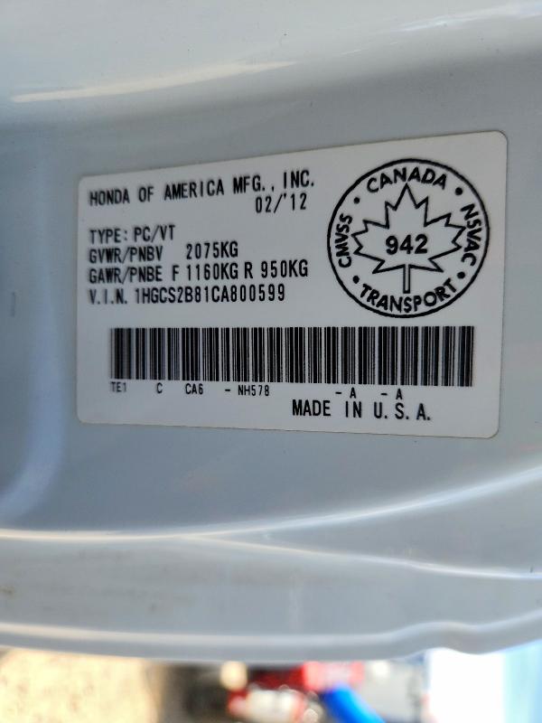 Продаж на аукціоні авто 2012 Honda Accord, vin: 1HGCS2B81CA800599, номер лоту: 53750396