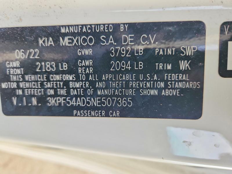 2022 Kia Forte მანქანა იყიდება აუქციონზე, vin: 3KPF54AD5NE507365, აუქციონის ნომერი: 51424446