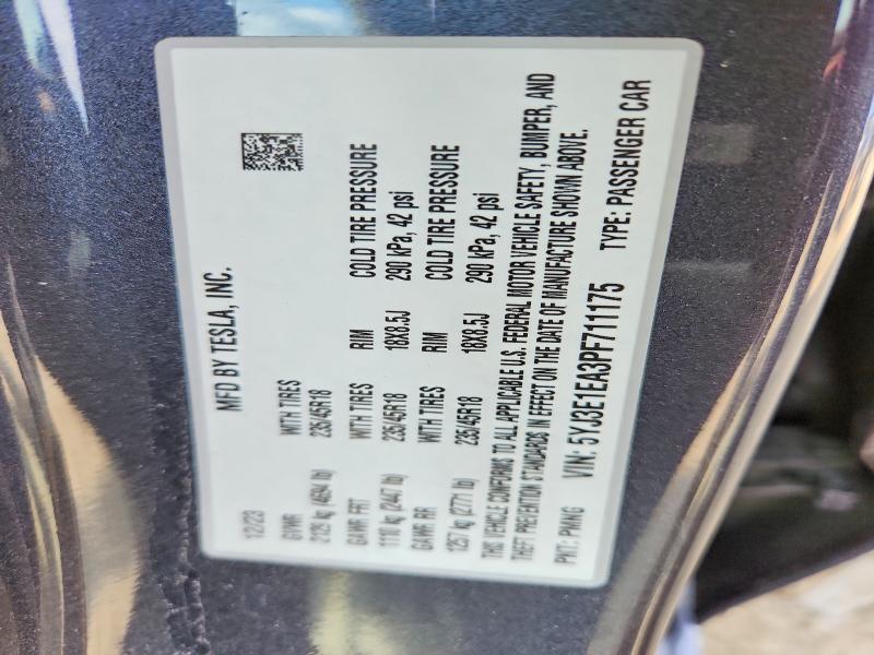 53249706 :رقم المزاد ، 5YJ3E1EA3PF711175 vin ، 2023 Tesla Model 3 مزاد بيع