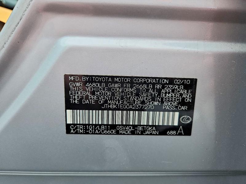 52659756 :رقم المزاد ، JTHBK1EG0A2377270 vin ، 2010 Lexus Es مزاد بيع