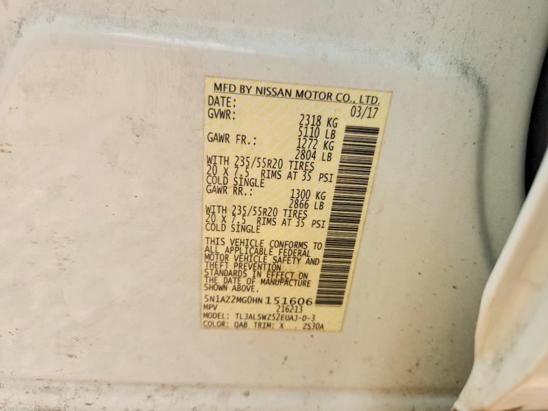 54991016 :رقم المزاد ، 5N1AZ2MG0HN151606 vin ، 2017 Nissan Murano مزاد بيع