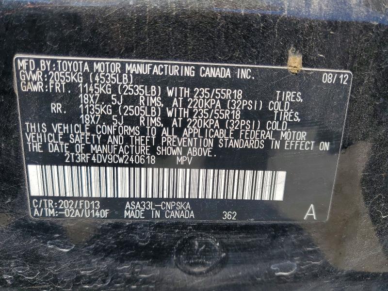 54625926 :رقم المزاد ، 2T3RF4DV9CW240618 vin ، 2012 Toyota Rav4 مزاد بيع