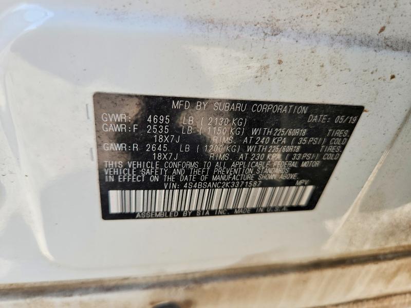 2019 Subaru Outback მანქანა იყიდება აუქციონზე, vin: 4S4BSANC2K3371587, აუქციონის ნომერი: 54725146