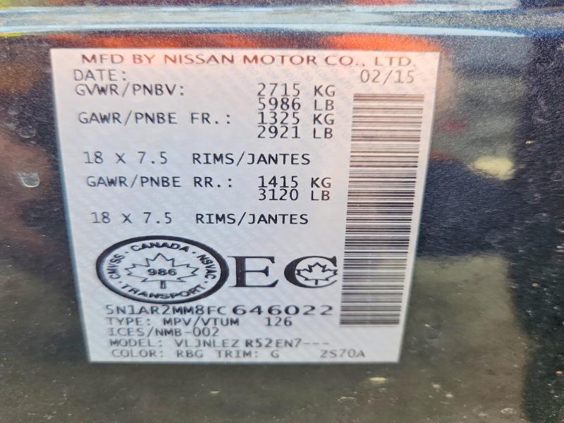 2015 Nissan Pathfinder მანქანა იყიდება აუქციონზე, vin: 5N1AR2MM8FC646022, აუქციონის ნომერი: 54431446