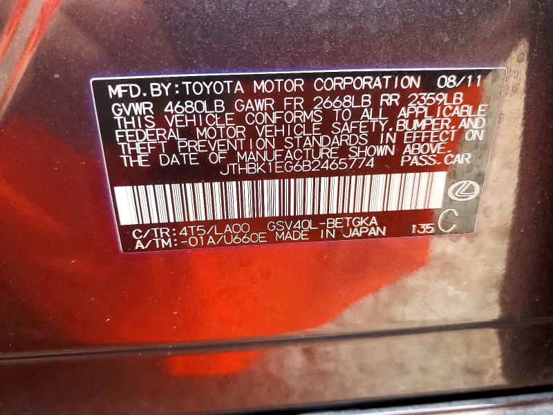 55218386 :رقم المزاد ، JTHBK1EG6B2465774 vin ، 2011 Lexus Es مزاد بيع