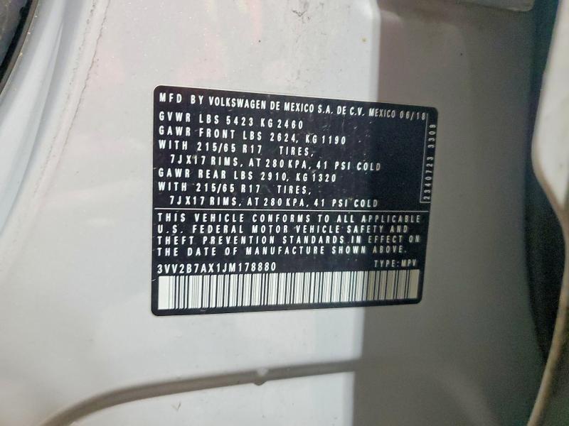 Aukcja sprzedaży 2018 Volkswagen Tiguan, vin: 3VV2B7AX1JM178880, numer aukcji: 54591466