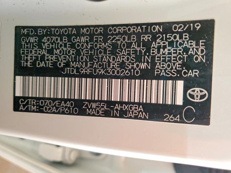 53792446 :رقم المزاد ، JTDL9RFU9K3002610 vin ، 2019 Toyota Prius مزاد بيع