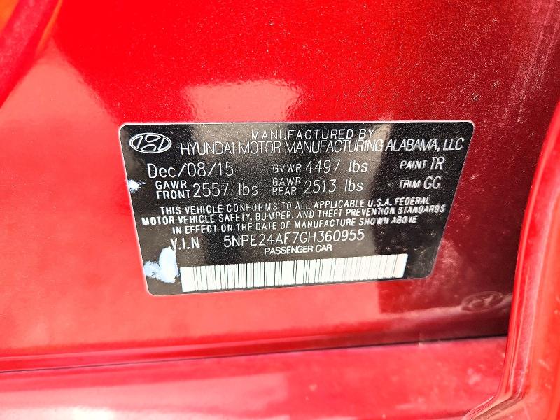 55457096 :رقم المزاد ، 5NPE24AF7GH360955 vin ، 2016 Hyundai Sonata مزاد بيع