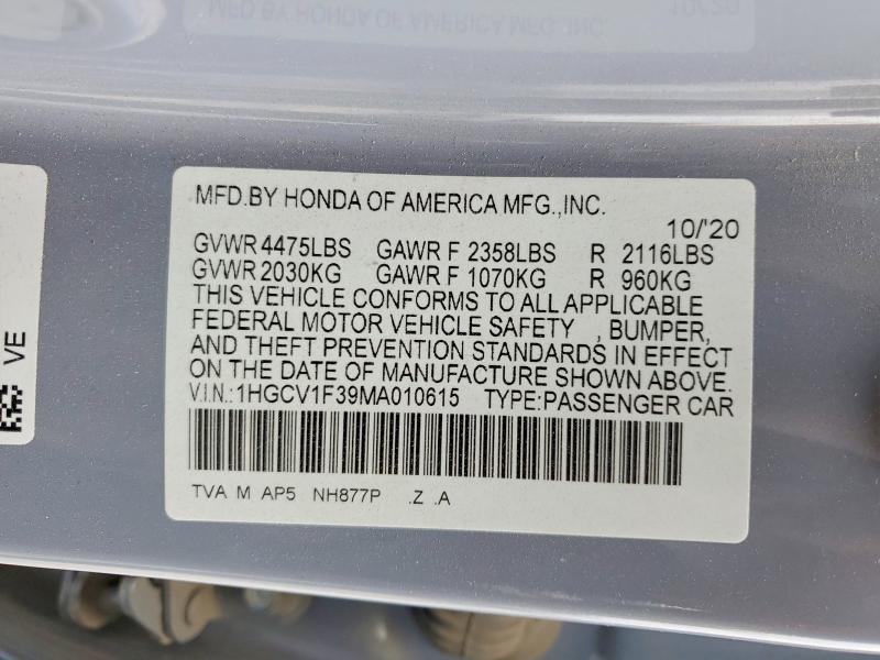 Aukcja sprzedaży 2021 Honda Accord, vin: 1HGCV1F39MA010615, numer aukcji: 52415416