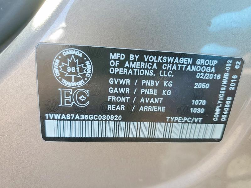 53624506 :رقم المزاد ، 1VWAS7A36GC030920 vin ، 2016 Volkswagen Passat مزاد بيع