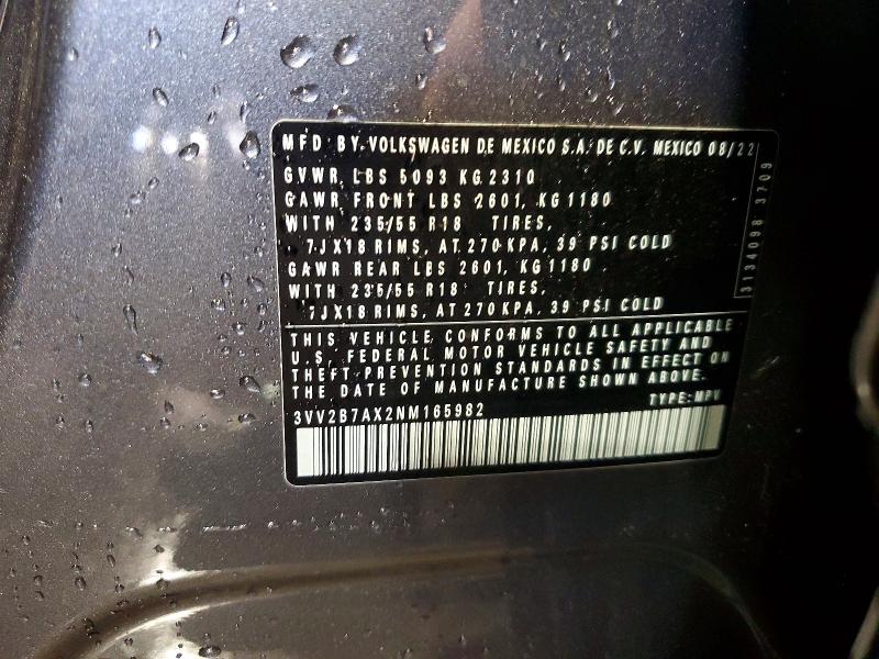 Aukcja sprzedaży 2022 Volkswagen Tiguan, vin: 3VV2B7AX2NM165982, numer aukcji: 54201386